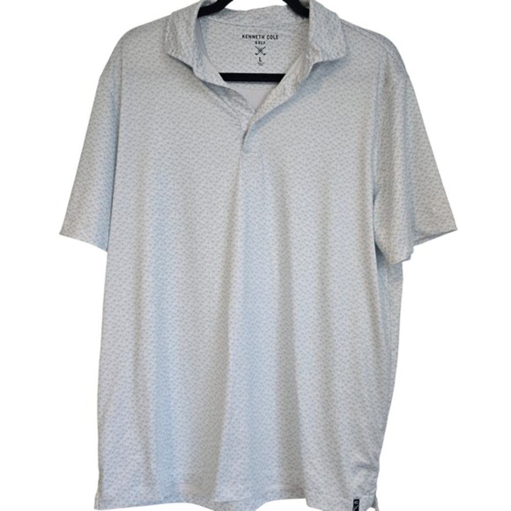Kenneth Cole Golf Palm‎ Tree Print Polo Shirt Men's Large Light Blue White Large